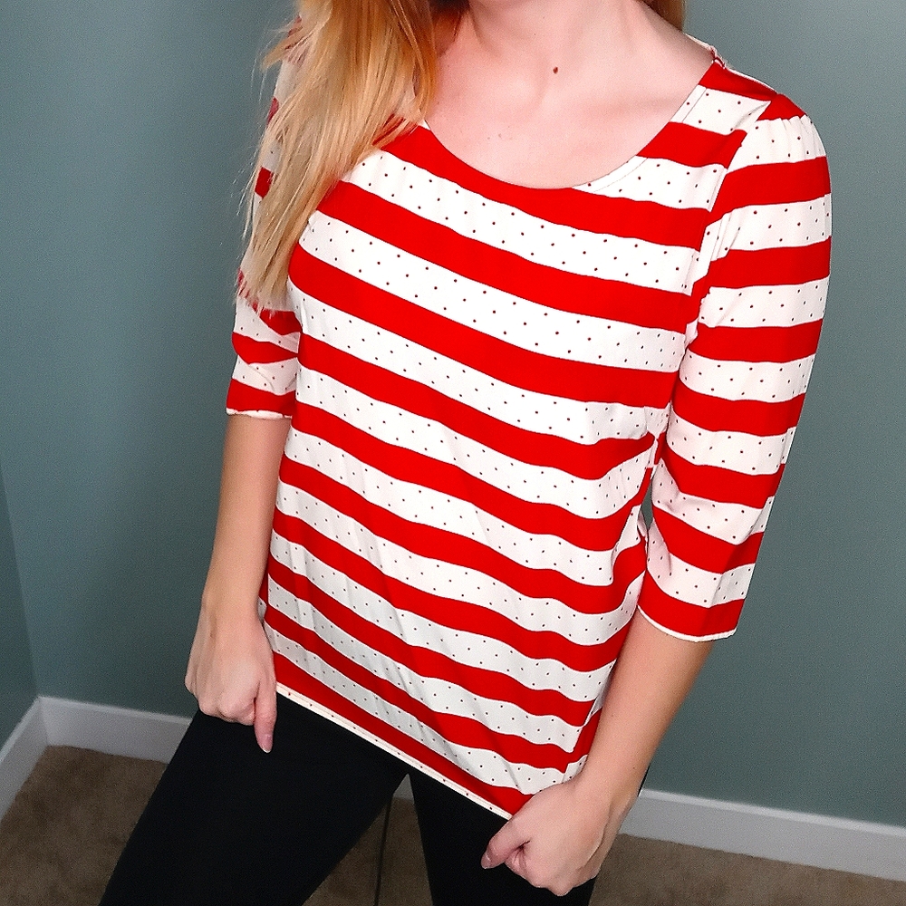 Everly Red & White Striped Polka Dot Blouse Top